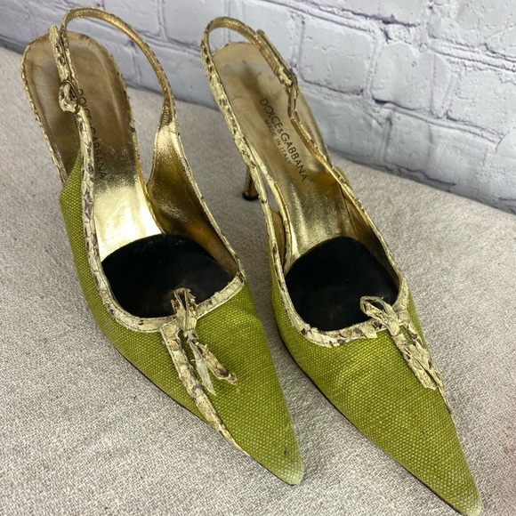 SALE!! Real snake skin Dolce & Gabbana Heels sling back Green canvas Size 36.5 - Picture 1 of 9